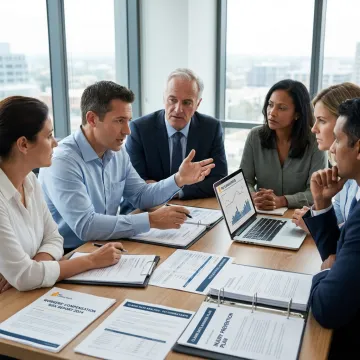 Workplace safety consultant reviewing risk controls with business team