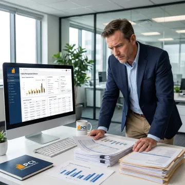 Claims management consultant reviewing risk reports