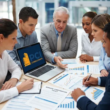 Risk management team analyzing workers compensation policies
