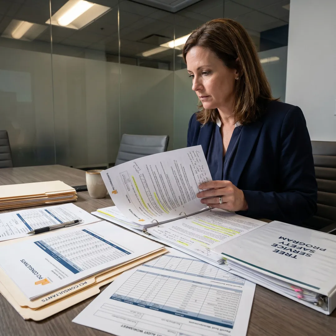 Consultant reviewing workers compensation reports for tree service company