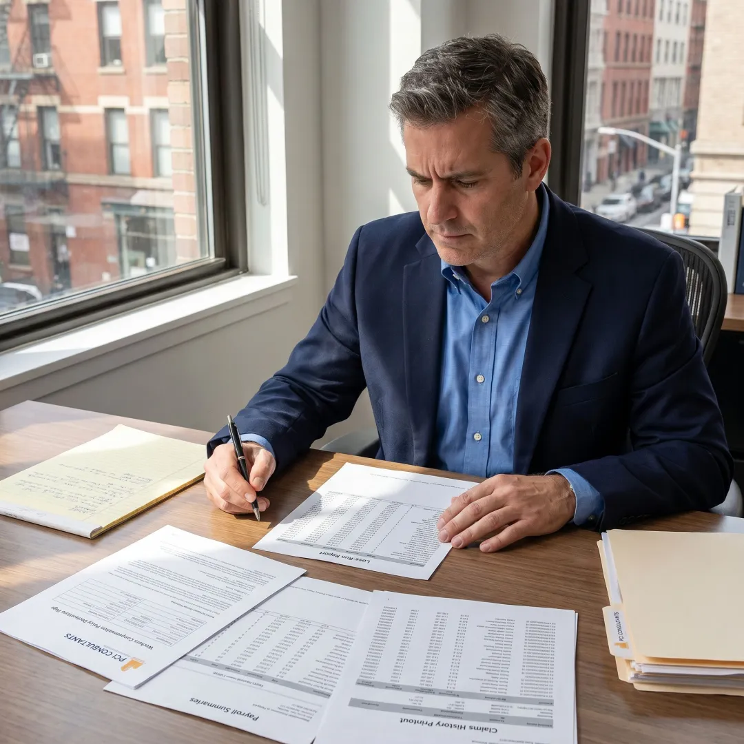 Workers compensation consultant reviewing policy documents
