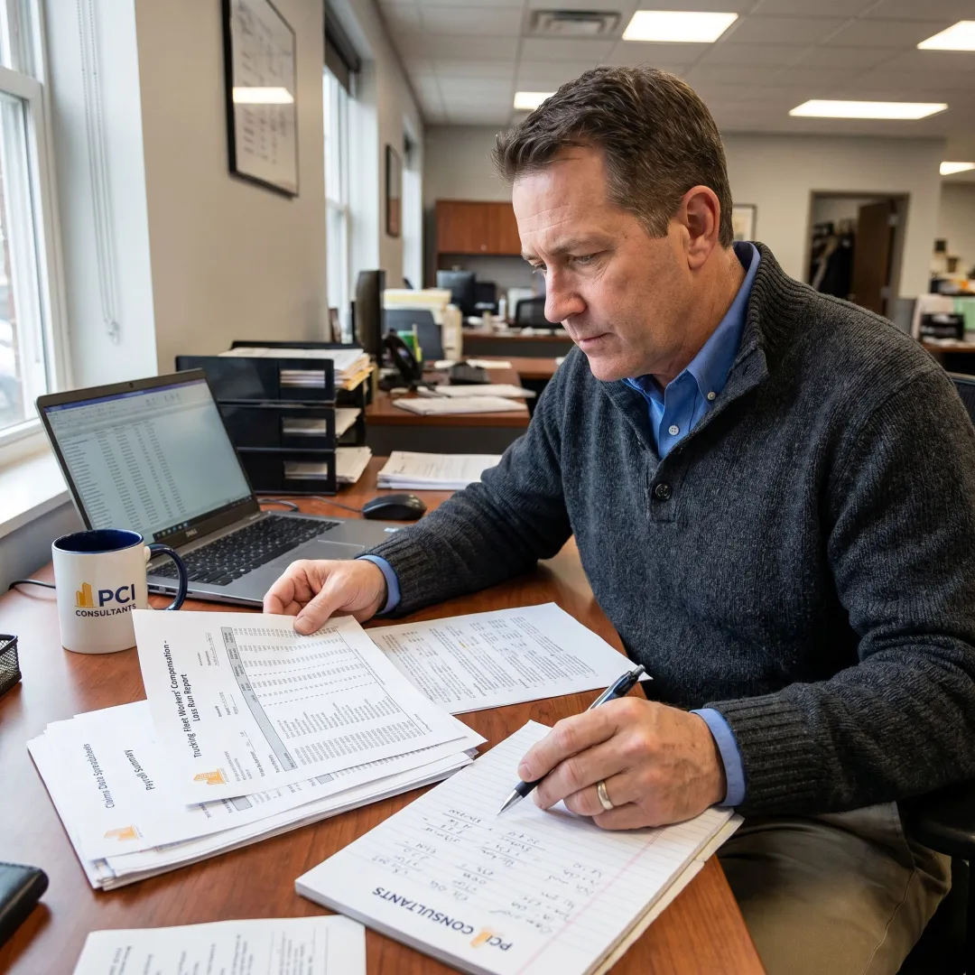 Workers comp consultant reviewing trucking fleet claims data