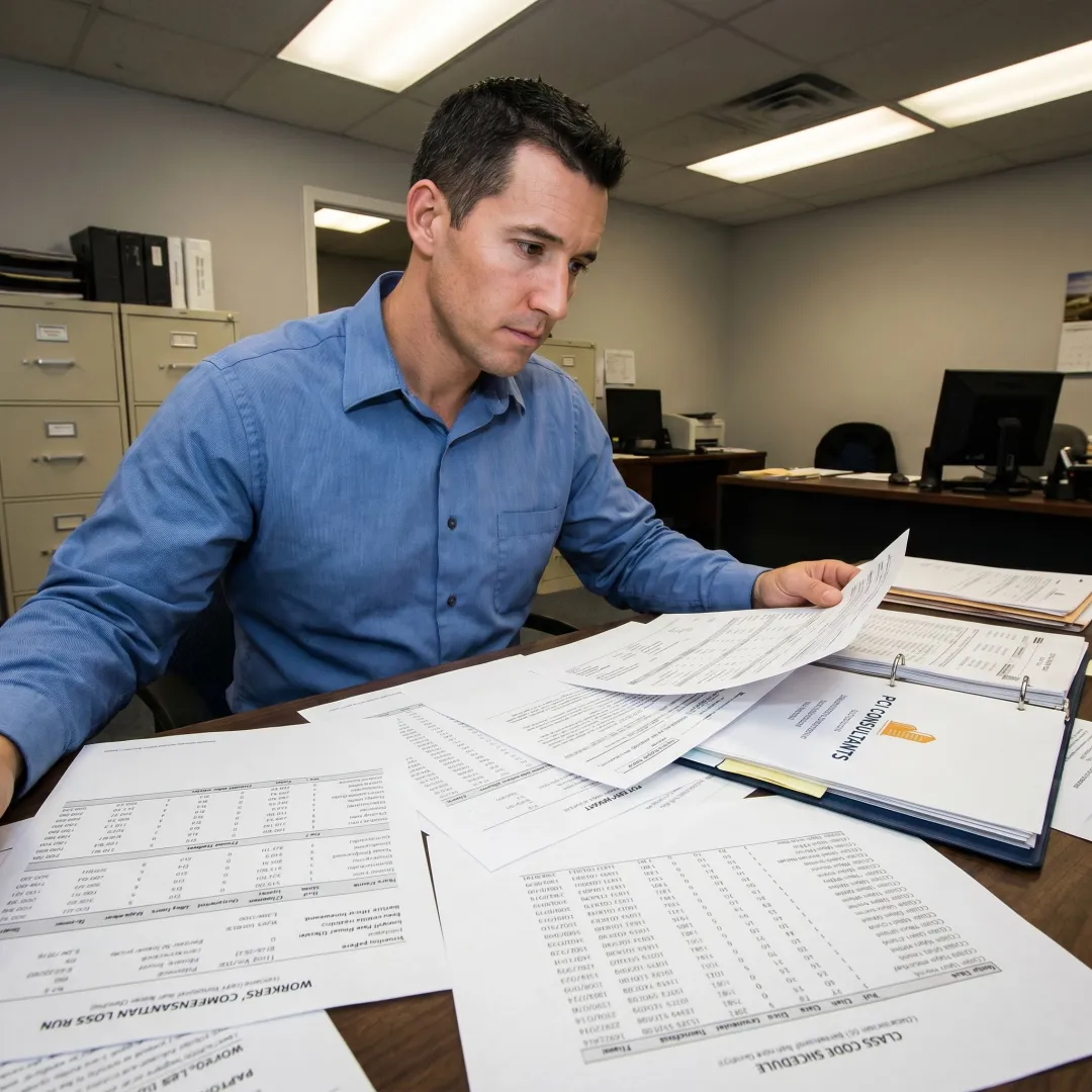 Consultant reviewing workers compensation data for staffing agency