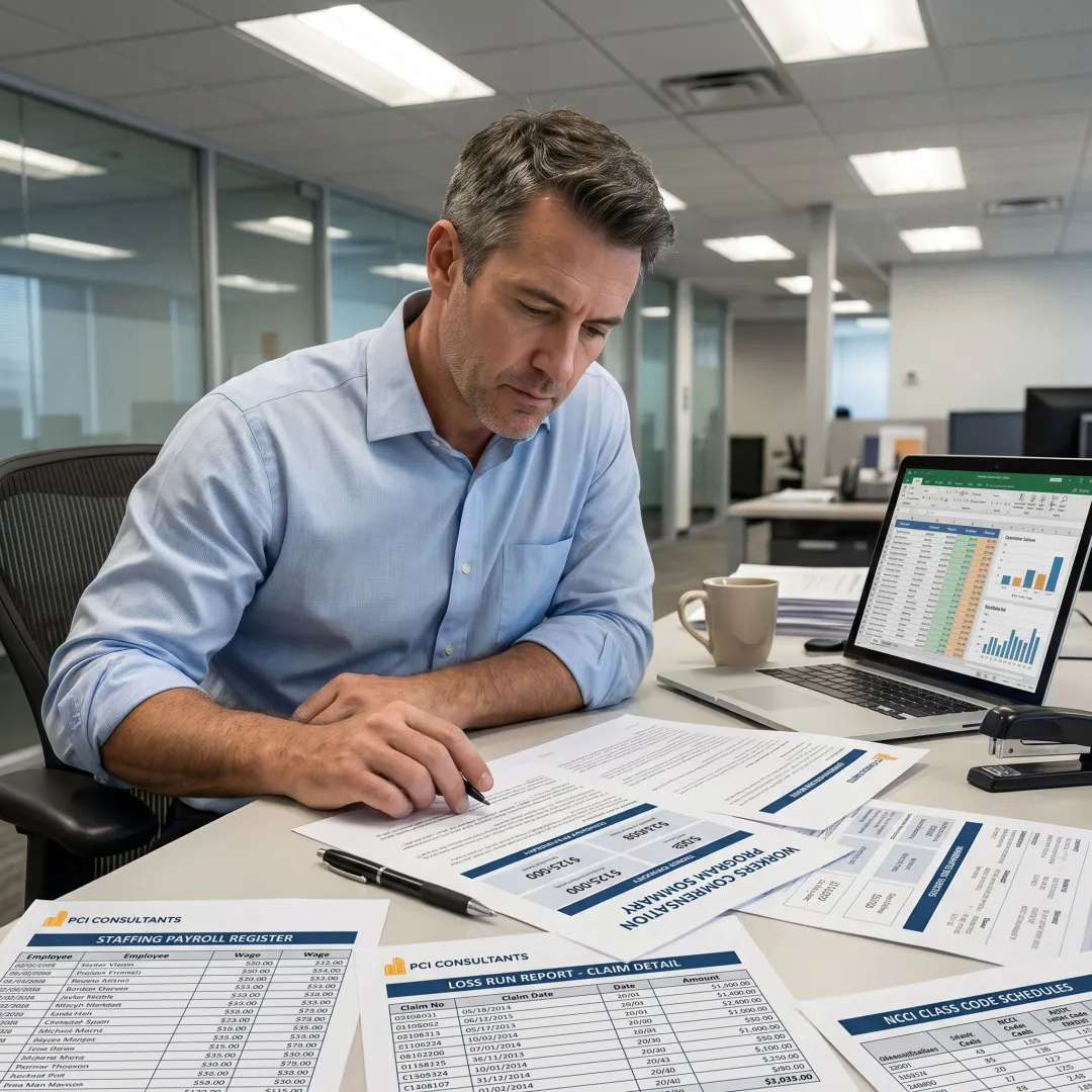 Consultant reviewing staffing agency workers compensation reports