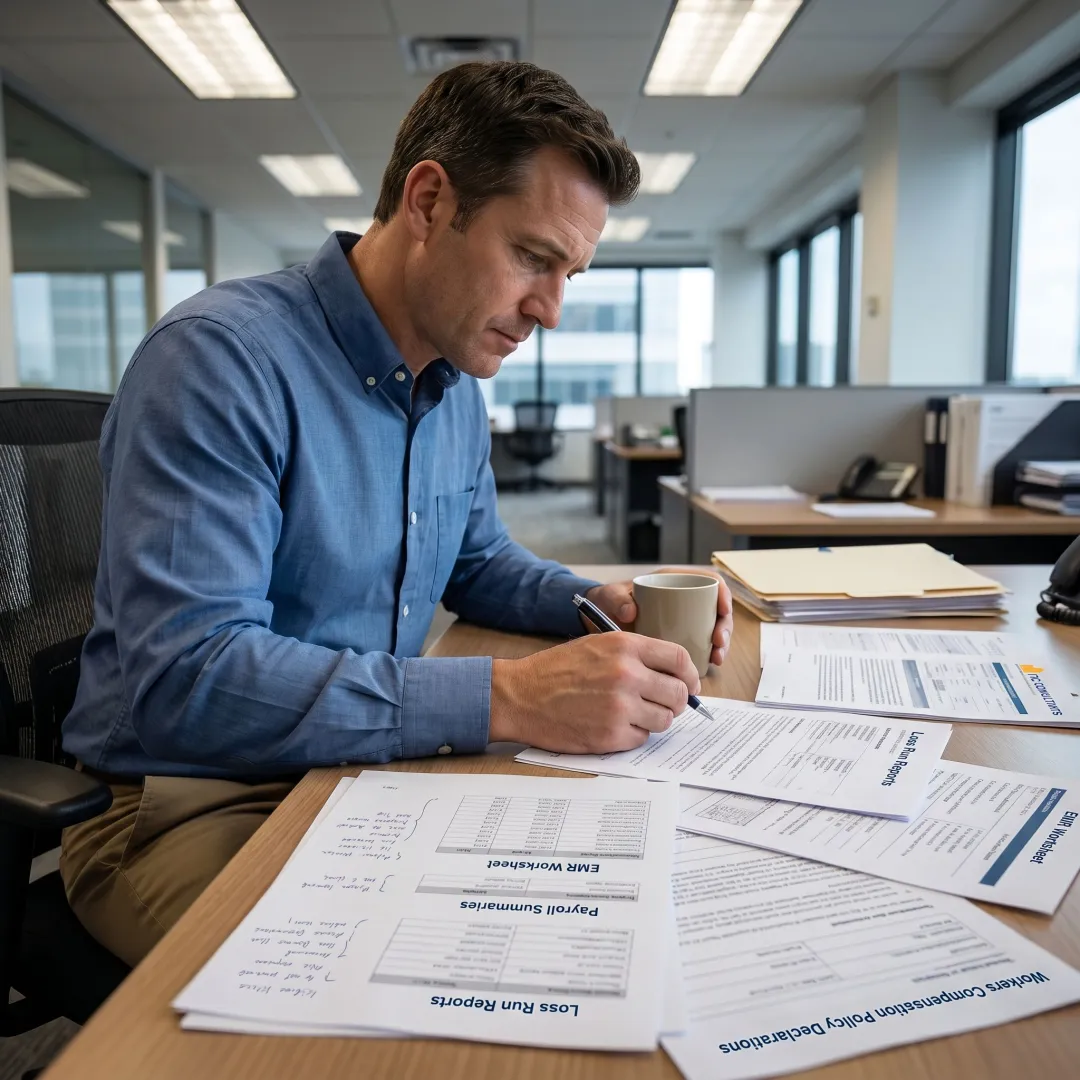 Consultant reviewing roofing workers compensation data