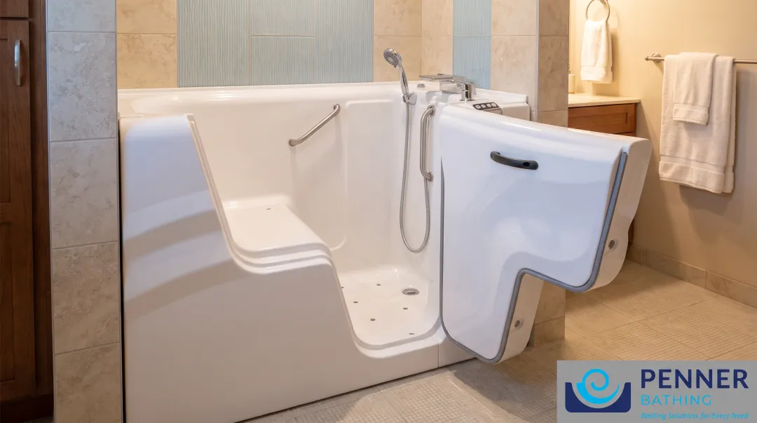 Walk-in bath tub with swing-out door and seated entry for seniors