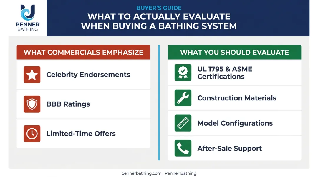 Walk-in tub marketing claims versus evidence-based evaluation criteria comparison
