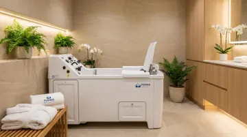 Penner Bathing healthcare spa bathing system with height-adjustable rail-free design for patient dignity