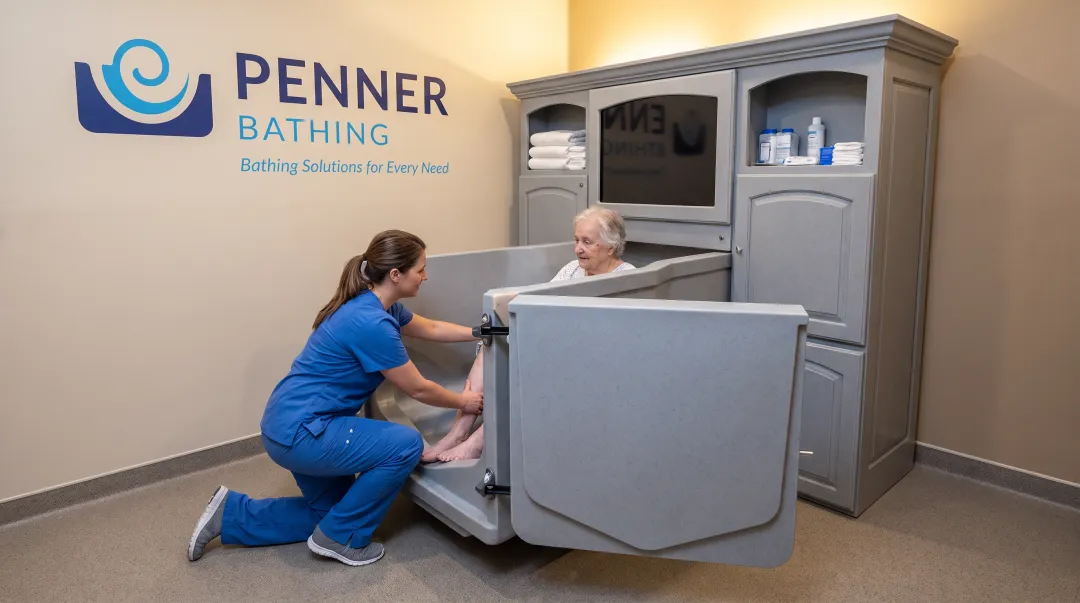 Accessible bathing system with offset workspace and multiple door configurations