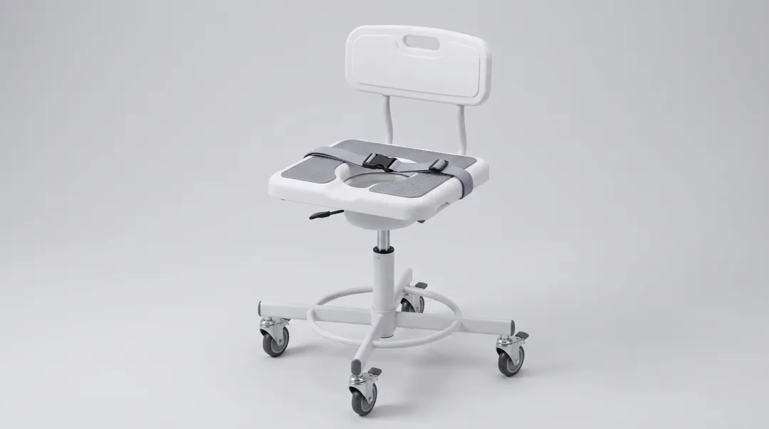 Height-adjustable transfer chair with safety belt for patient bathing assistance