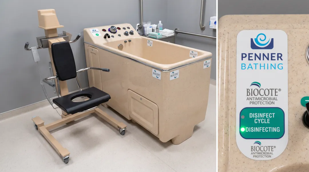 Bathing system with automatic disinfection cycle and antimicrobial surface protection