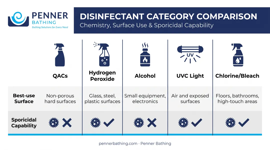 Comparison chart of five healthcare disinfectant types and uses