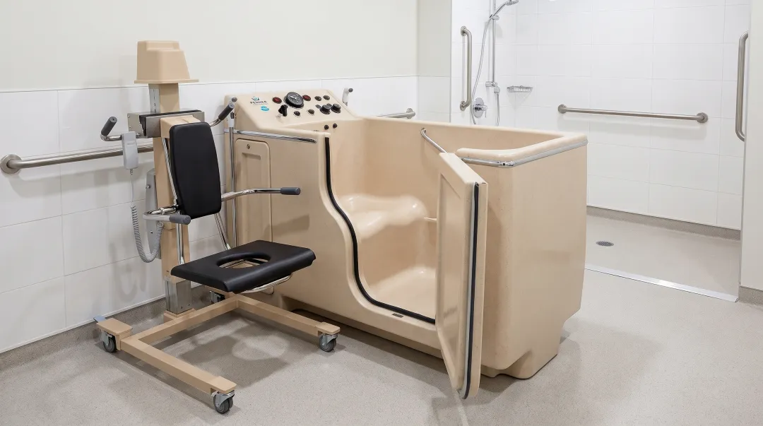 Walk-in bathing system with height-adjustable entry and transfer-chair compatibility