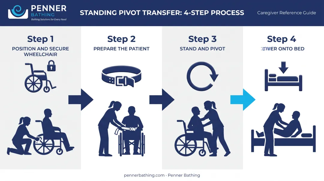4-step wheelchair to bed standing pivot transfer process