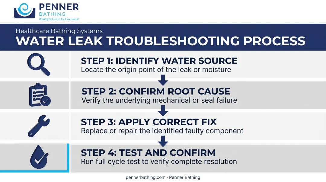 Step-by-step diagnostic process for fixing a leaking walk-in tub door