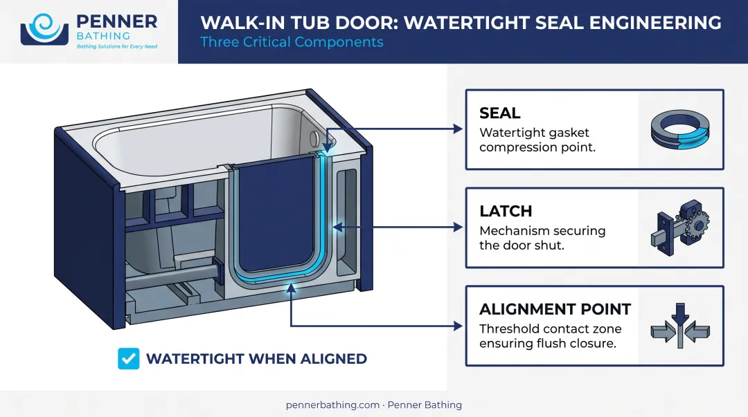 Walk-in tub door seal latch and alignment components diagram