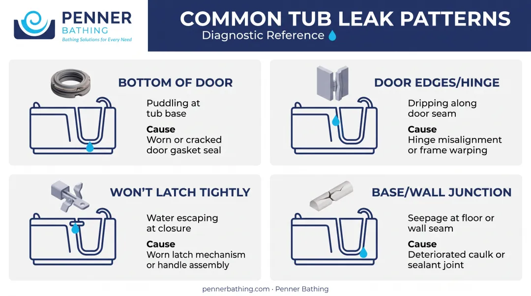 Four common walk-in tub door leak patterns and likely causes chart