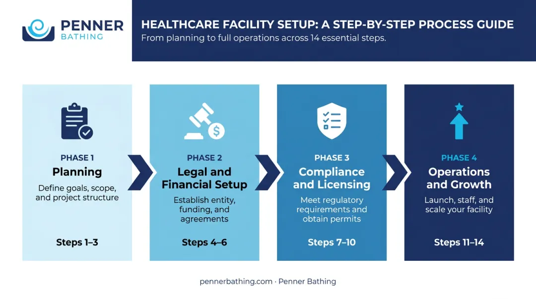 Four-phase 14-step home healthcare agency startup process flow diagram
