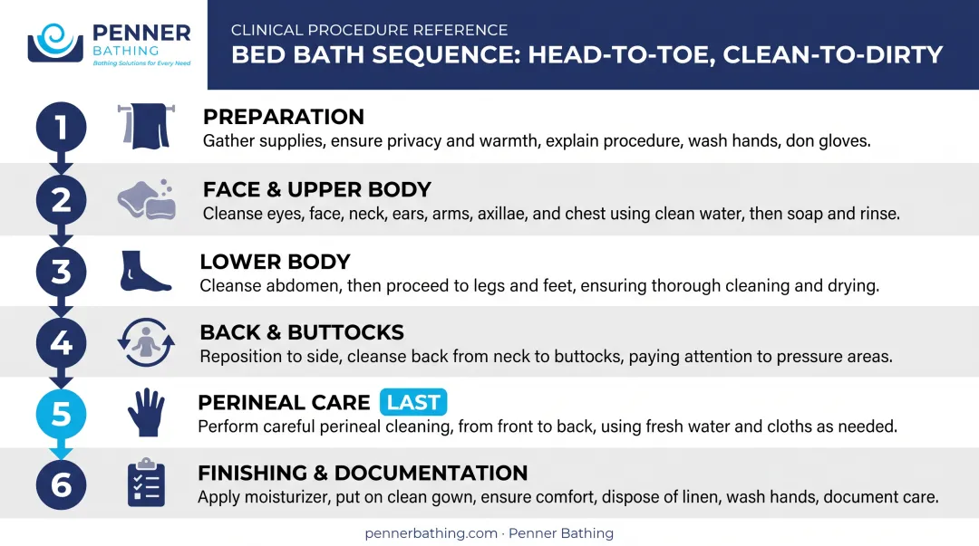 Step-by-step sponge bath sequence from face to perineal care