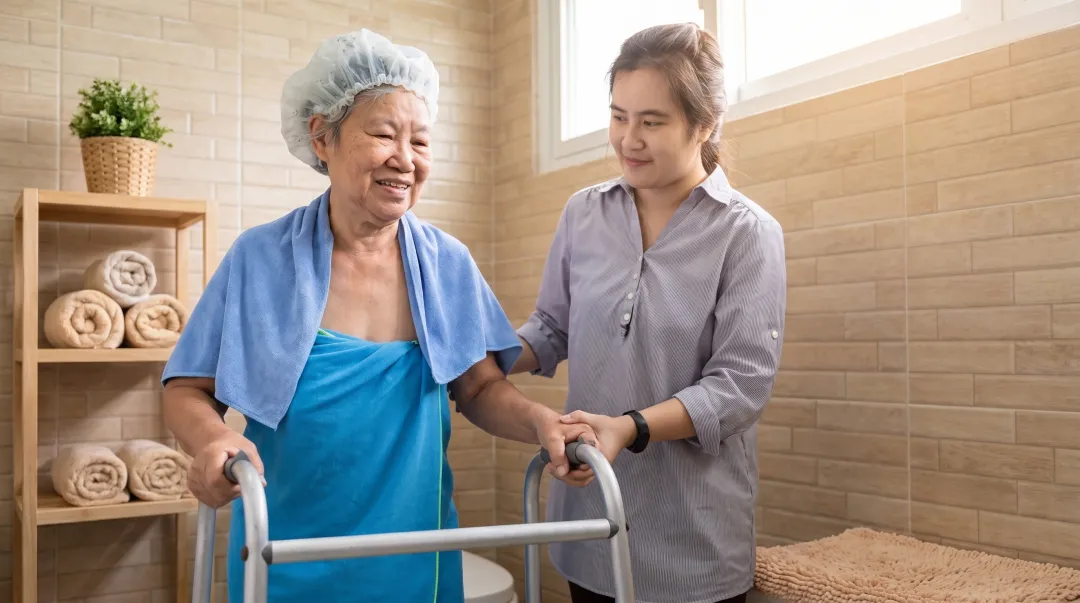 Elderly care resident receiving assisted bathing in long-term care facility