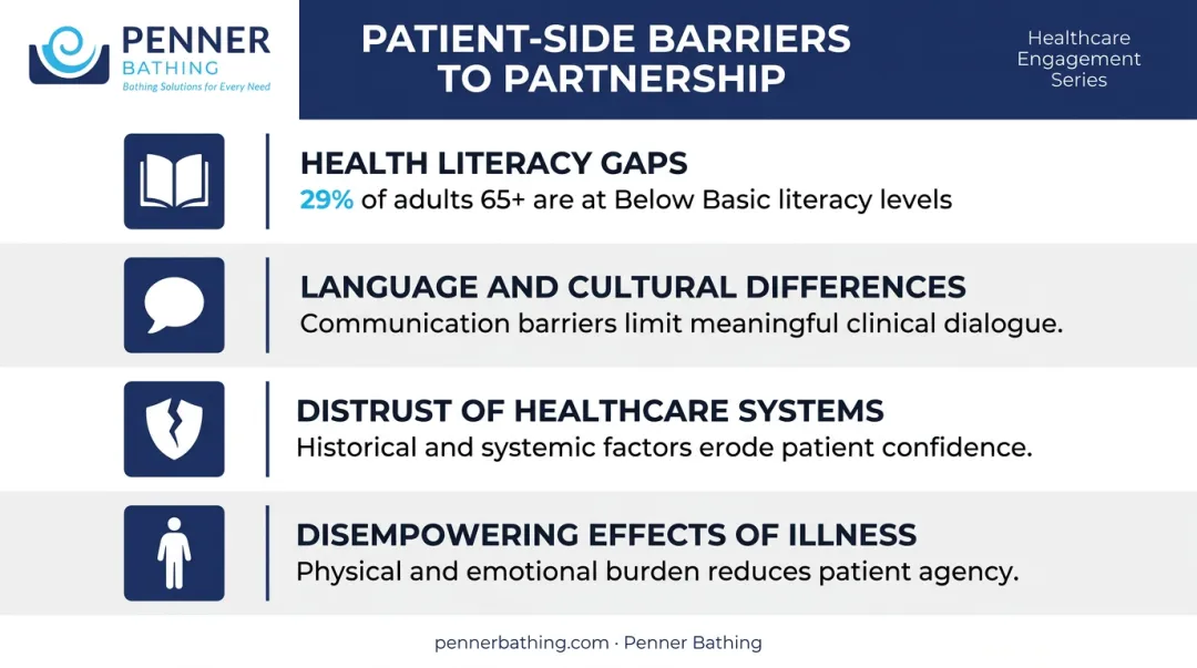 Common patient-side barriers to nursing partnership health literacy language trust infographic