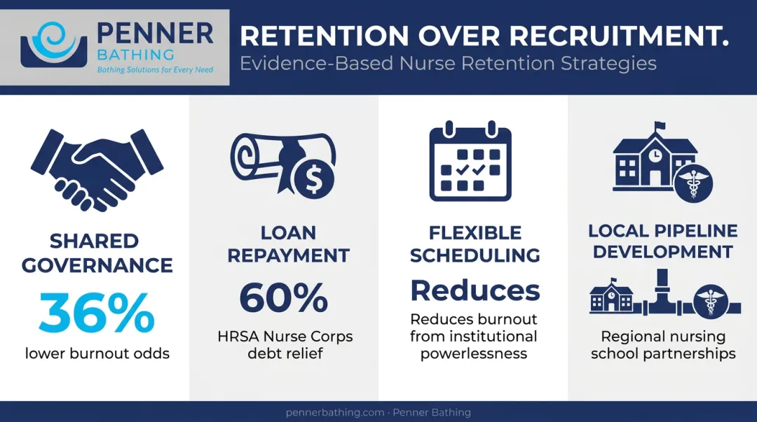 Four evidence-based nurse retention strategies with key statistics and outcomes