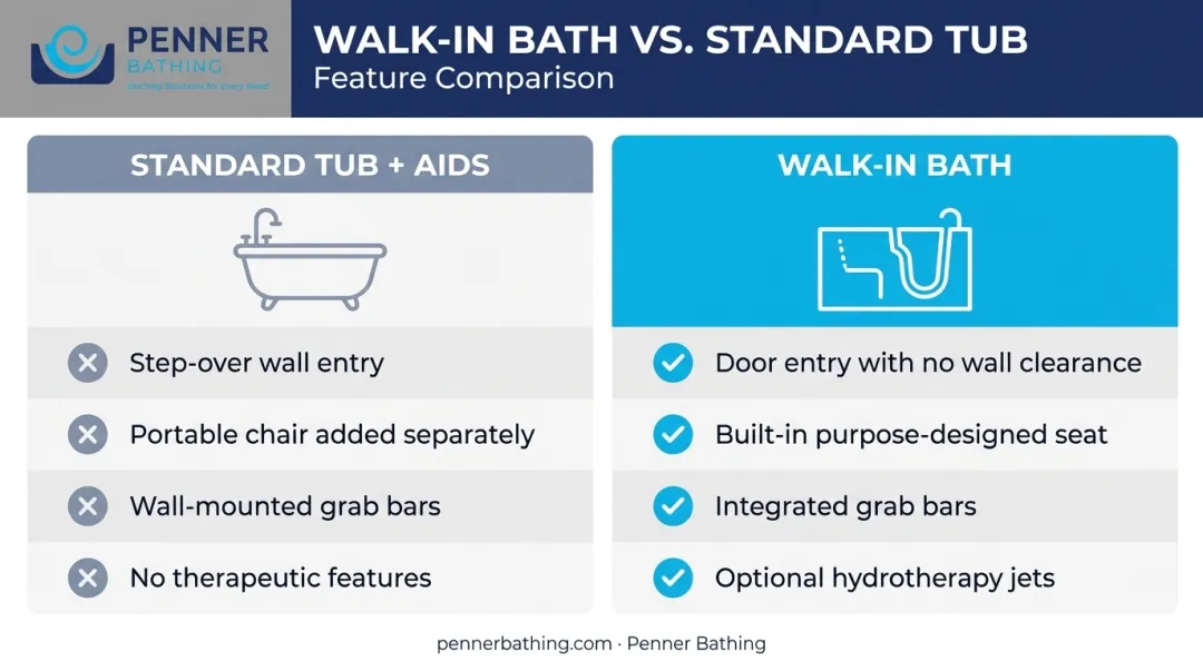 Standard tub with aids versus walk-in bath side-by-side feature comparison infographic