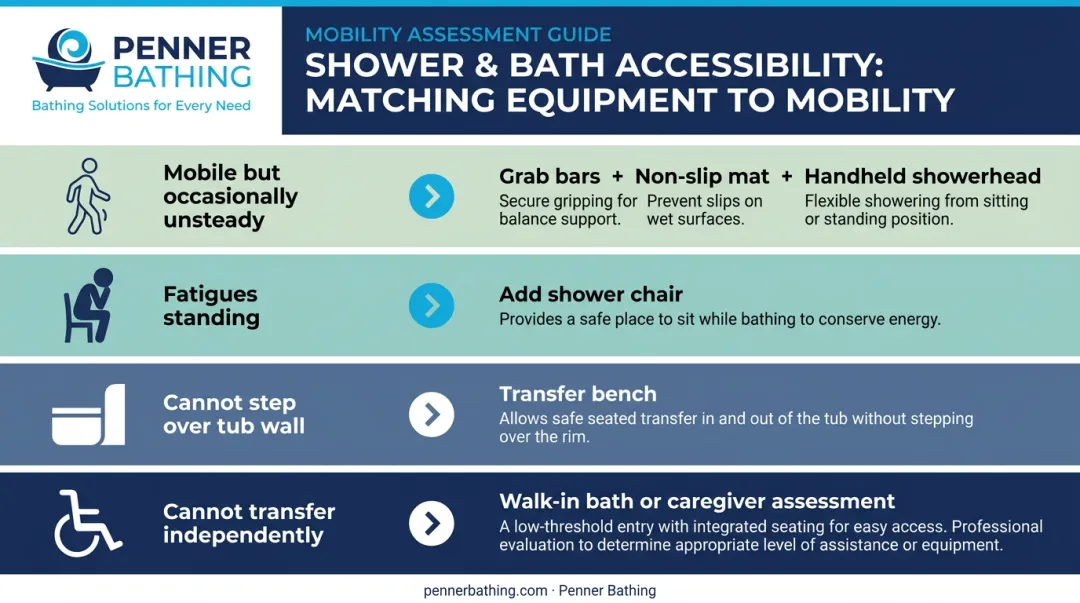 Senior mobility level to shower aid matching chart four-tier recommendation table