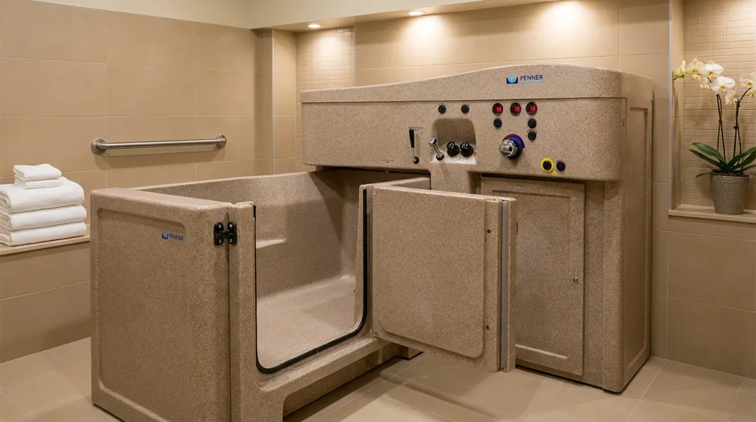 Penner Bathing therapeutic spa system showing control panel and accessible entry design