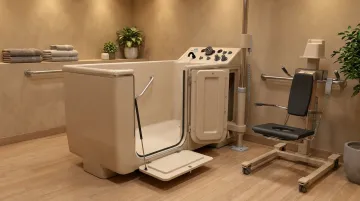 Penner Bathing healthcare bathing system with rail-free spa design and transfer access