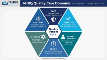 Six domains of quality patient care AHRQ framework circular infographic