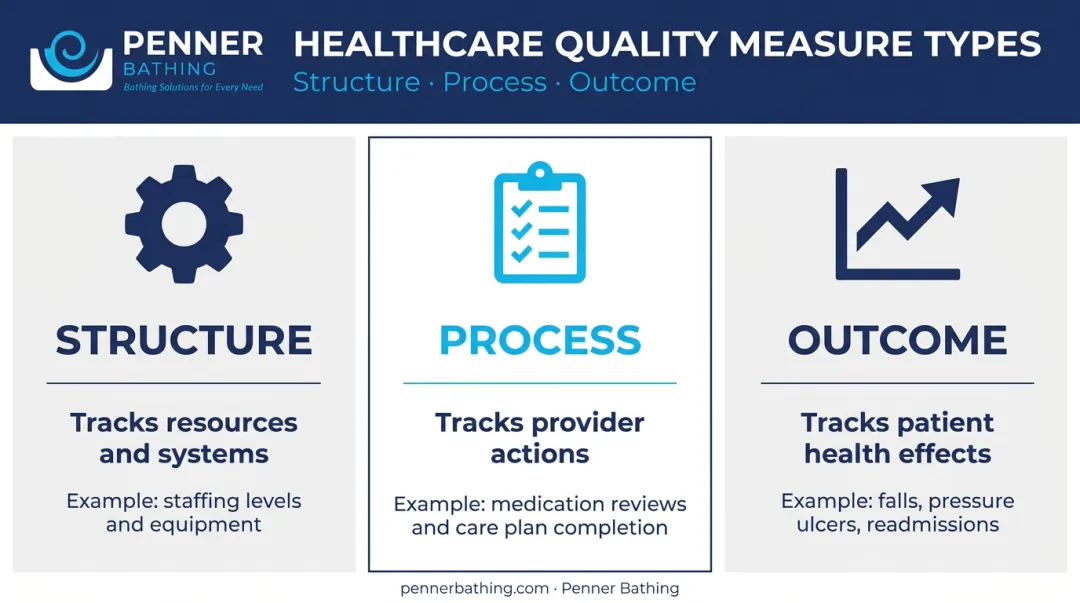 Three healthcare quality measure types structure process outcome comparison chart