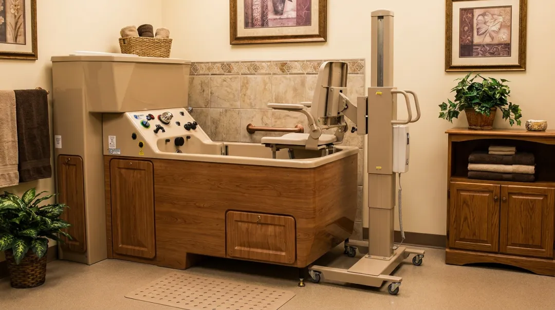 Penner Bathing long-term care bathing system with height-adjustable transfer post and home-like finish