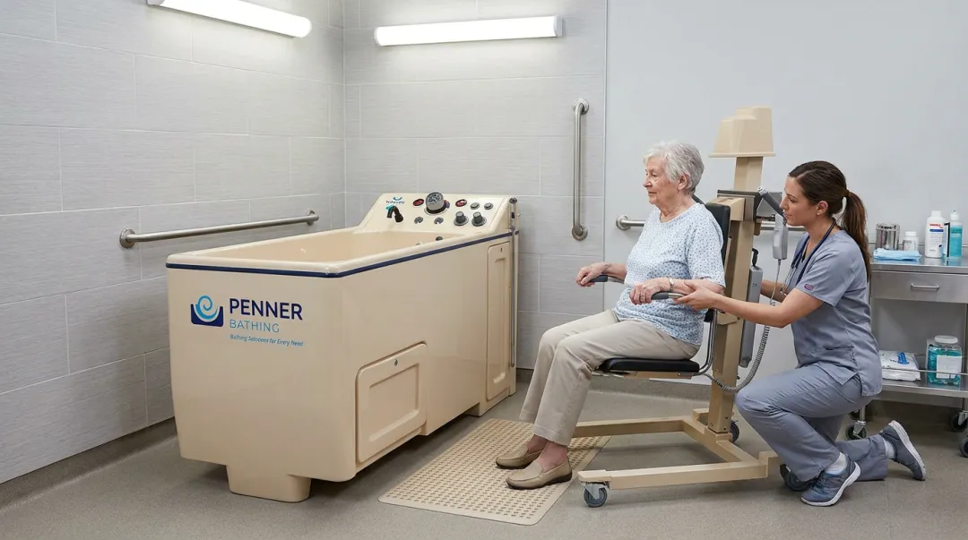 Ergonomic bathing system with rail-free transfer design in long-term care facility