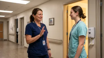 Nurse leader personally recognizing staff member in active clinical unit hallway