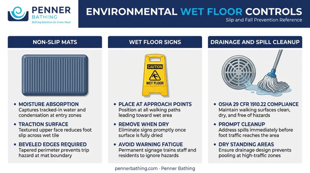 Three wet floor hazard prevention controls mats signage and drainage comparison infographic