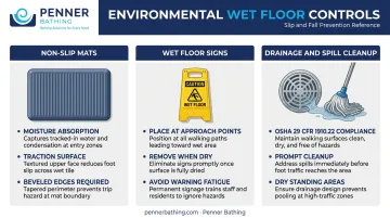 Three wet floor hazard prevention controls mats signage and drainage comparison infographic