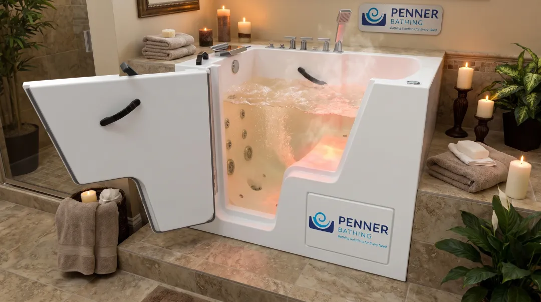 Walk-in tub low-threshold door with heated seating and jet system