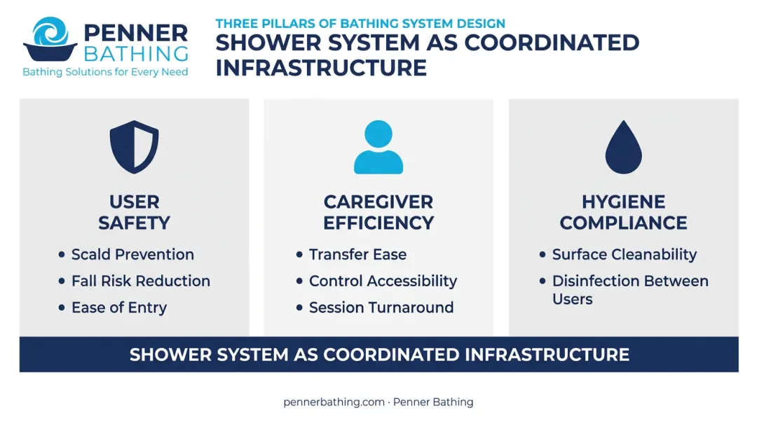 Three core shower system functions safety caregiver efficiency and hygiene compliance