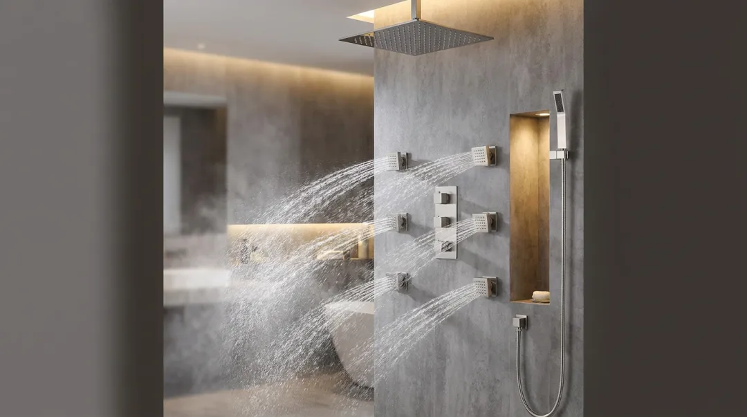Multi-jet body spray shower system with multiple wall-mounted water outlets