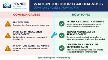 Walk-in tub door seal leak causes and step-by-step fix diagnostic infographic