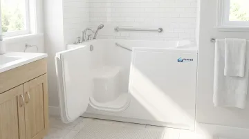 Walk-in bath installation in home bathroom showing accessible senior bathing solution