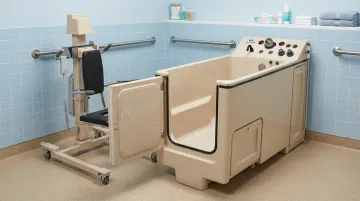 Penner Bathing healthcare bathing system with height-adjustable transfer and microbubble technology