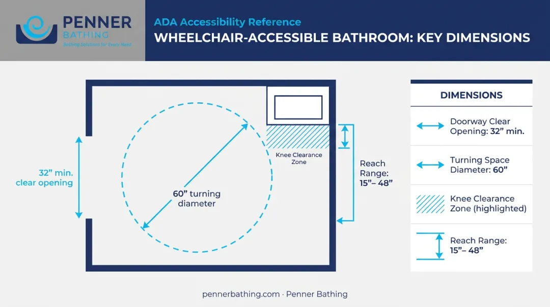 ADA wheelchair accessible bathroom layout dimensions and clearance requirements diagram