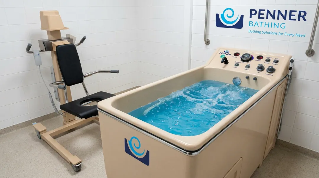 Penner Bathing spa system with hydraulic lift access and automatic disinfection cycle