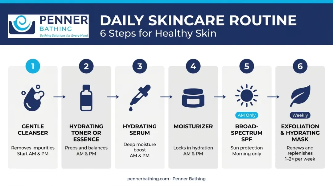 6-step complete daily skincare hydration routine process flow infographic