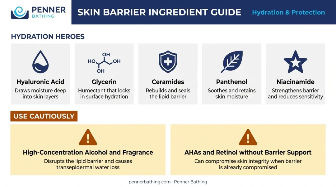 Key skin hydration ingredients versus ingredients to avoid skincare infographic