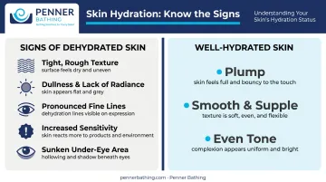 Dehydrated skin versus well-hydrated skin signs comparison infographic