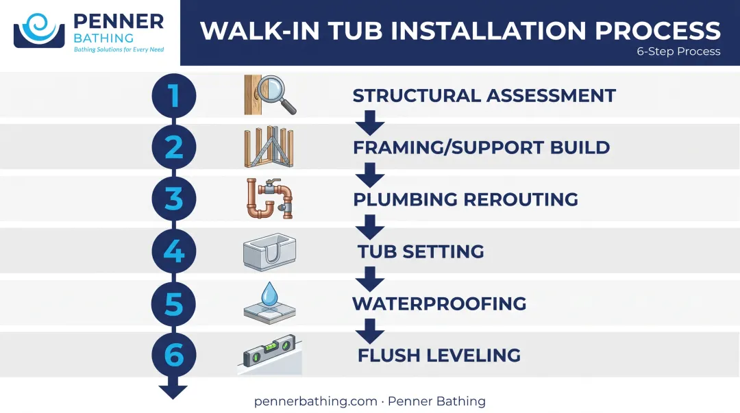6-step sunken bathtub installation process from assessment to leveling