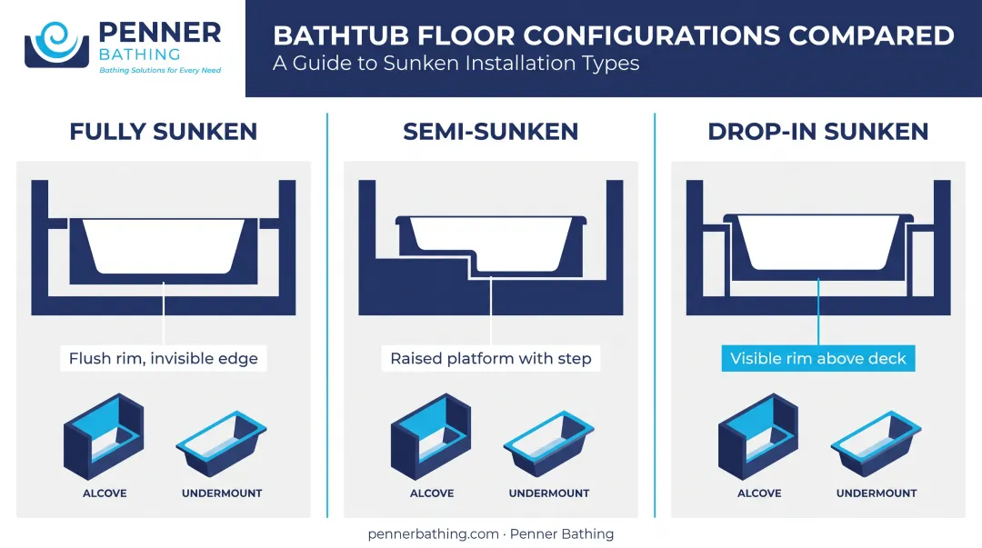 Comparison of sunken drop-in and undermount bathtub floor configurations